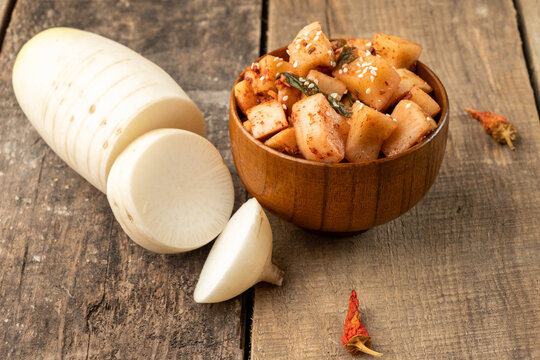 A Korean snack made from fermented daikon radish. Korean Panchan appetizer