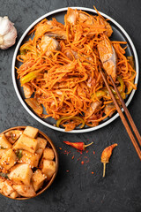 Korean salads. He fish and daikon radish salad. Top view.