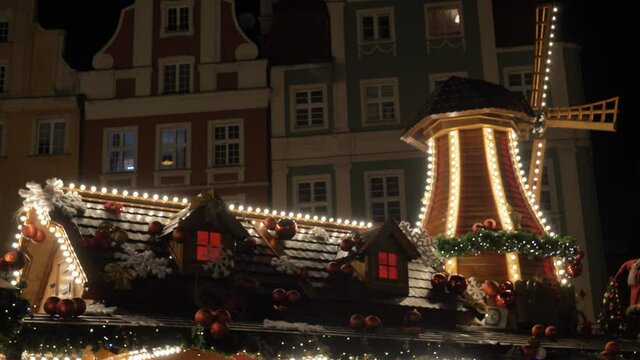 Decoration of Christmas fair mill in old town market of Wroclaw, Poland in 2021