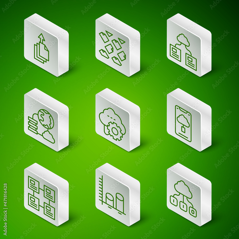 Poster set line cloud technology data transfer, data analysis, export, network cloud connection, stream, hi
