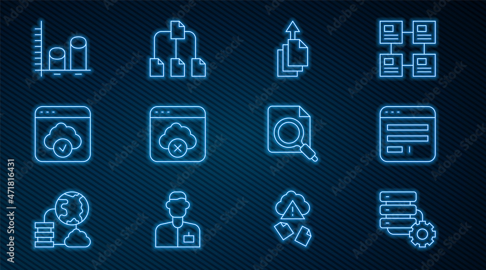 Poster set line server and gear, browser window, data export, failed access cloud storage, cloud technology