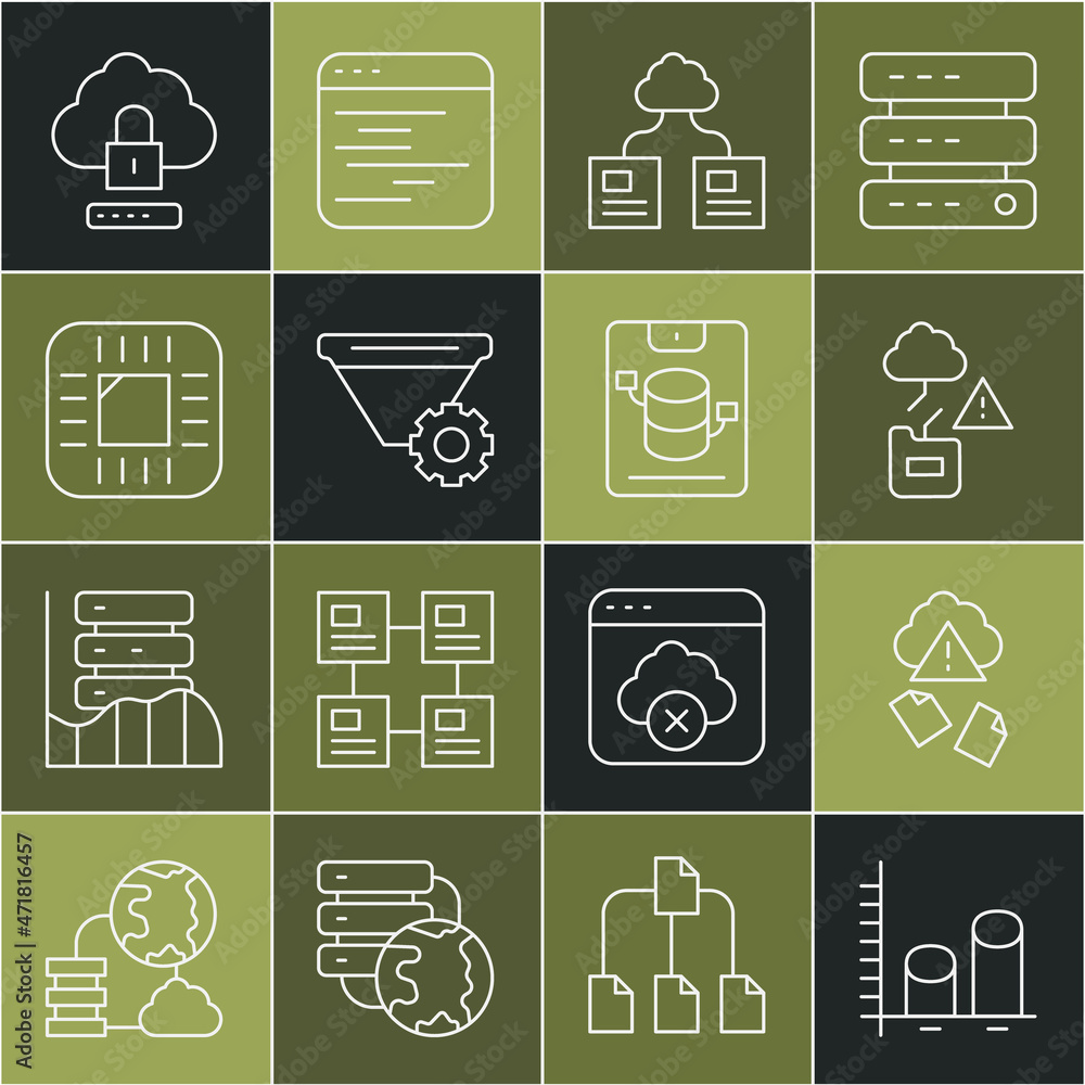 Poster set line data analysis, cloud hacking, technology data transfer, filter setting, processor with cpu,