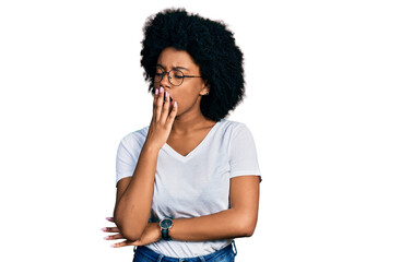 Fototapeta na wymiar Young african american woman wearing casual white t shirt bored yawning tired covering mouth with hand. restless and sleepiness.
