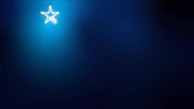 Silver christmas tree with snowfall on blue gradient background.