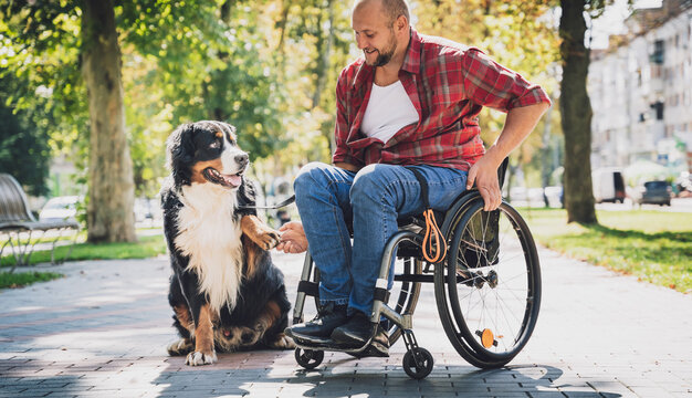 Happy young man with a physical disability in a wheelchair with his dog.