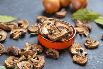 Dried button mushrooms, healthy food ingredient