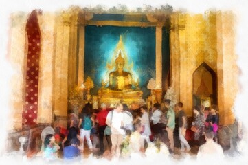 Fototapeta na wymiar Interior of a church in a Thai temple watercolor style illustration impressionist painting.