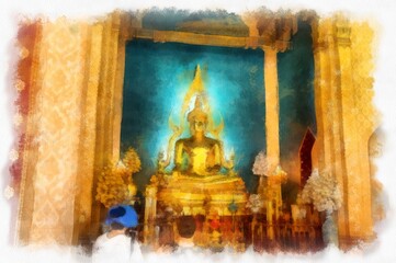 Buddha statue of Phra Buddha Chinnarat in Bangkok, Thailand watercolor style illustration impressionist painting.