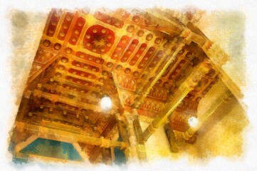 Ancient Thai architecture and patterns watercolor style illustration impressionist painting.