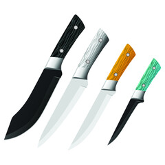 set of realistic kitchen knives isolated on white, Vector illustration, chef knives, Cutlery icon set, colourful knives
