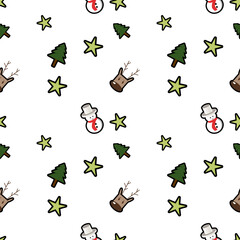 deer head, stars, snowman, Christmas tree seamless pattern background. Perfect for winter holiday fabric, giftwrap, scrapbook, greeting cards design projects.