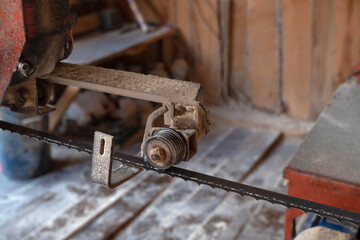 Details of the blade on the sawmill. Wood processing on a sawmill