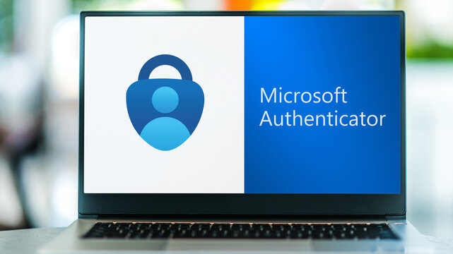 Laptop computer displaying logo of Microsoft Authenticator