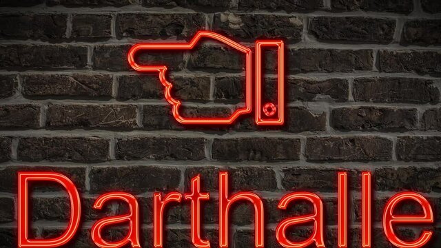 Detailansicht einer Leuchtreklame an einer Mauer mit der Aufschrift Darthalle 
