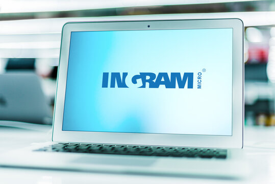 Laptop computer displaying logo of Ingram Micro