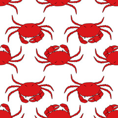 seamless red crab pattern. a drawing of a marine animal from a whole crab, drawn in the style of a sketch, top view in red, located in different directions for a design template