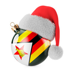 Christmas ball with Zimbabwean flag and Santa Claus hat. Christmas and New Year in Zimbabwe, concept. 3D rendering - obrazy, fototapety, plakaty