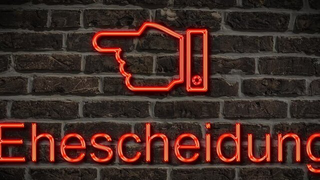 Detailansicht einer Leuchtreklame an einer Mauer mit der Aufschrift Ehescheidung 