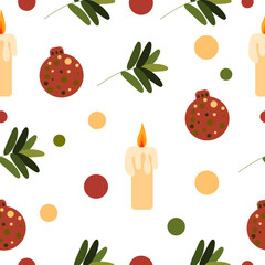New Year vector illustration candle, toys, tree Christmas seamless pattern 