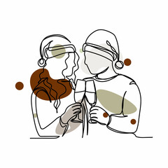 Vector abstract continuous one single simple line drawing icon of celebration and new year couple in silhouette sketch. Perfect for greeting cards