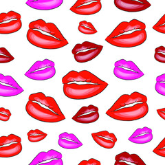 Vector Lips Seamless Pattern. Woman's red, pink and dark red kissing Lips. Makeup and Beauty Concept Pattern. Can be used as wallpaper, wrapping paper