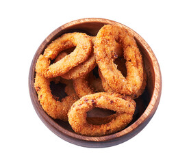  Bowl of breaded onion rings isolated on a white background