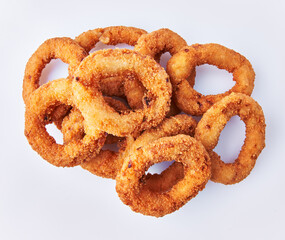  Bunch of breaded onion rings isolated on a white background