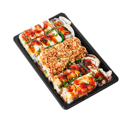  Delivery tray of uramaki sushi isolated on white background