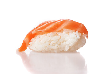  Single salmon nigiri sushi isolated on white background