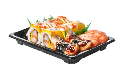  Delivery tray of sushi food isolated on white background