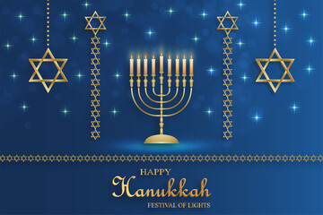 Happy Hanukkah card with nice and creative symbols on color background for Hanukkah Jewish holiday
