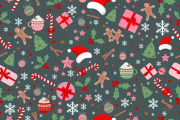 New Year 2022 and Christmas Creative Decorations Vector Seamless Pattern on Green. Stunning Christmas Elements Texture Wallpaper, Gift wrapping paper, Banner Poster Layout or card template design. 