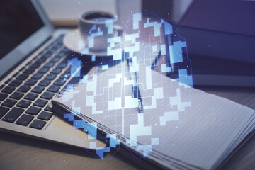 Multi exposure of technology theme drawing and desktop with coffee and items on table background. Concept of data research.