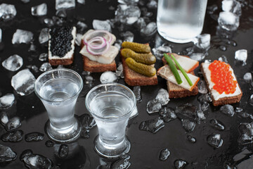 Vodka with pickled cucumber, black and red caviar, herring, lard, onion