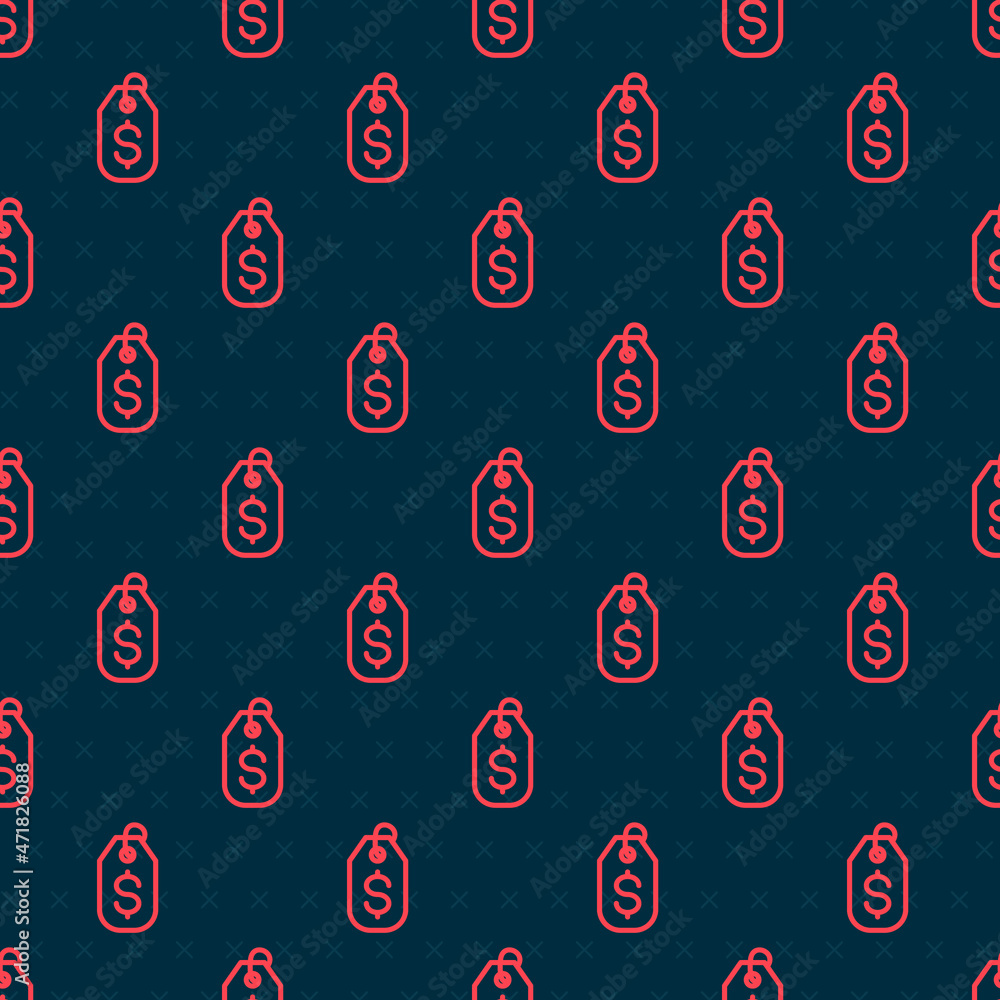 Poster red line price tag with dollar icon isolated seamless pattern on black background. badge for price. 