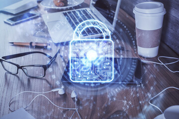 Double exposure of lock drawing and cell phone background. Concept of information security