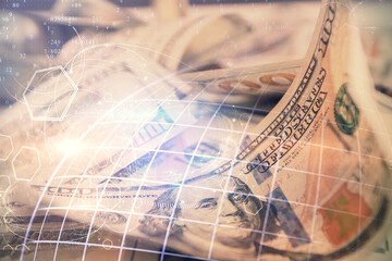 Double exposure of world map drawing over us dollars bill background. International concept.