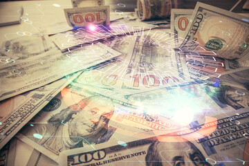 Double exposure of data theme drawing over us dollars bill background. Technology concept.