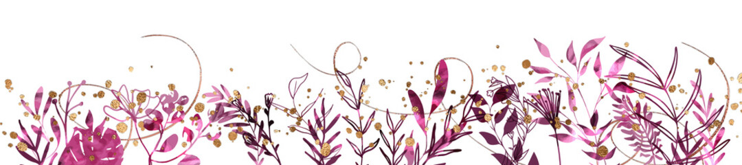 Watercolor plants with leaves and golden grasses. Background with floral elements, botanical watercolor illustration with gold splashes and decorated with gold ribbons. Design elements for cards, web
