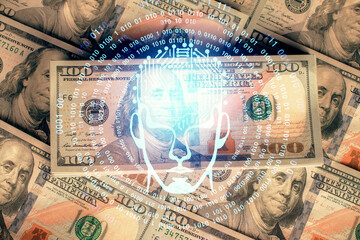 Double exposure of brain drawing over us dollars bill background. Technology concept.