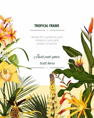Botanical vertical banners with tropical exotic yellow flowers on white. Design for cosmetics, spa, health care products, travel company. Can be used as summer background.