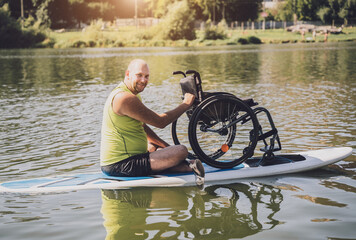 Person with a physical disability ride on sup board with his wheelchair