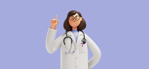 3d render. Cartoon character caucasian woman doctor wears glasses and uniform. Finger pointing up. Medical clip art isolated on blue violet background. Health care advice, medical science