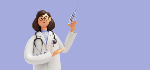 3d render. Cartoon character young caucasian woman doctor holds syringe with vaccine, wears glasses and uniform. Medical clip art isolated on blue violet background