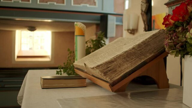 Altar of a church with decoration and bible