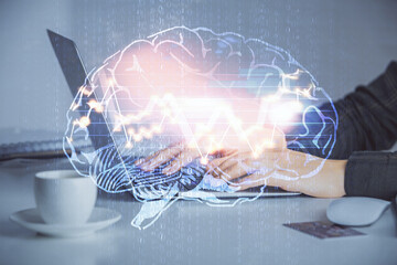 Multi exposure of woman hands working on computer and human brain hologram drawing. Ai tech concept.