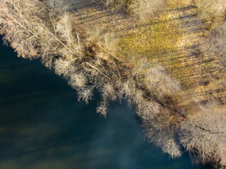 Aerial view of lake coast overgrown with sedge and dry grass. Warm spring day.
