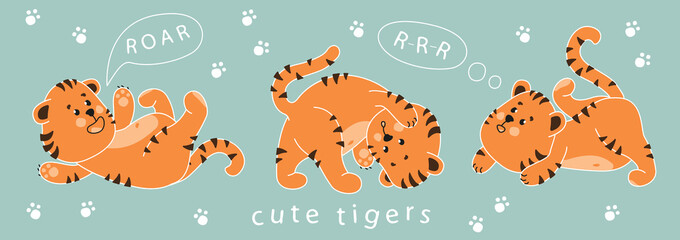 Set of frolicking cute tiger cubs. Isolated vector image.