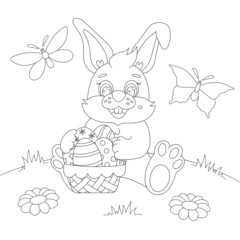 Bunny with a basket of Easter eggs coloring page. Easter bunny. Childrens coloring page vector illustration.