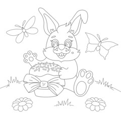 Bunny with a basket of Easter cake coloring page. Easter bunny. Childrens coloring page vector illustration.